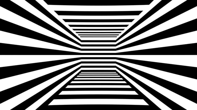 Abstract optical cube room with black and white stripes. 4k Seamless loop animation background 