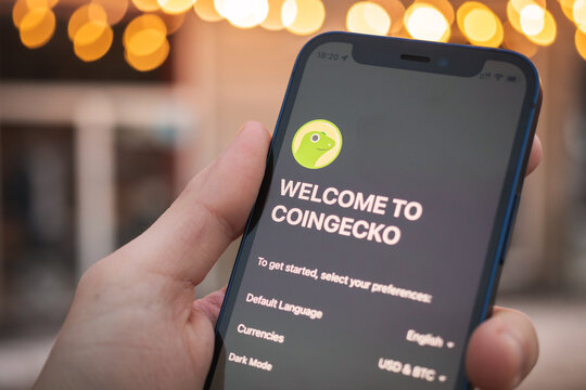 Person uses CoinGecko Wallet app on Apple iPhone 12. Title screen close-up, crypto and NFT concept photo