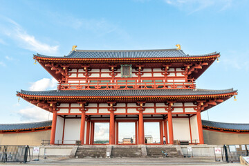 Suzaku-mon (Suzaku gate) at Nara palace site historical park (Notes: Japanese on the plate means "Suzaku gate")