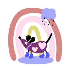 Hand drawn happy dog in boots walking in the rain and rainbow. Perfect for T-shirt, greeting card and print. Doodle vector illustration for decor and design.
