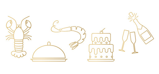 golden luxury food, party, banquet elements: lobster, tray, shrimp, cake and champagne- vector illustration