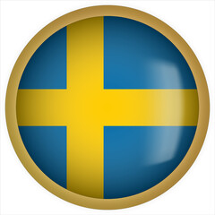 Sweden 3D rounded Flag Button Icon with Gold Frame