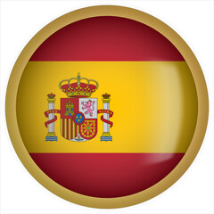 Spain 3D rounded Flag Button Icon with Gold Frame