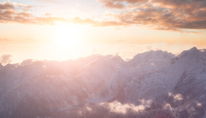 Aerial Panoramic View of Canadian Mountain covered in snow. Colorful Sunset Winter Sky Art Render. Located near Vancouver, British Columbia, Canada. Nature Background Panorama