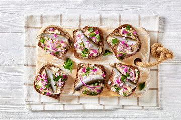 pickled sprat rye bread open sandwiches, top view