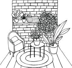 Cozy terrace interior coloring page. Hand drawn cute terrace with plants, armchair and little coffee table. Coloring book for children and adults. Vector stock illustration.