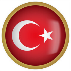Turkey 3D rounded Flag Button Icon with Gold Frame
