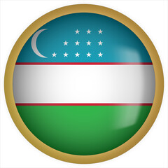 Uzbekistan 3D rounded Flag Button Icon with Gold Frame