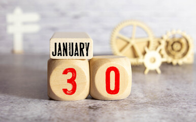 January 30, Cover design with number cube on a white background and granite table.