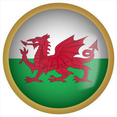 Wales 3D rounded Flag Button Icon with Gold Frame