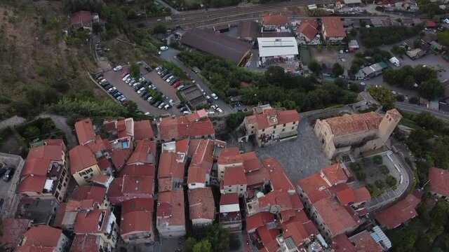 Beautiful panoramic aerial view of Colletta square and San Michele Arcangelo church in the medieval old town of Ventimiglia Alta in Italy, Liguria, Italy, province of Imperia