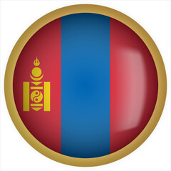 Mongolia 3D rounded Flag Button Icon with Gold Frame