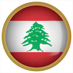 Lebanon 3D rounded Flag Button Icon with Gold Frame