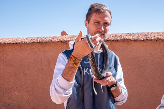 Portrait of handsome male tourist holding a snake around his neck in front of a wall