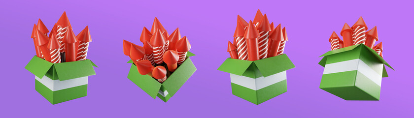 Fireworks box 3d rendering multiple angles