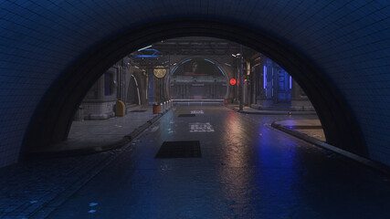 View from a tunnel in a dark moody futuristic downtown urban area at night. 3D illustration.