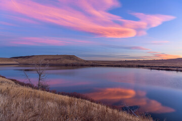 Sunset Mount Carbon - A colorful Winter sunset view of Mount Carbon raising at south-east shore of Bear Creek Lake. Bear Creek Lake Park, Denver-Lakewood-Morrison, Colorado, USA.