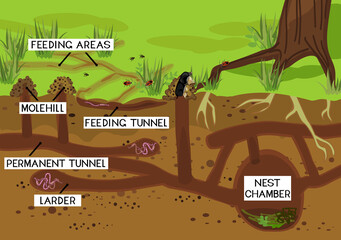 Scheme of structure of underground mole tunnels with earthworms and European mole (Talpa europaea). Below ground level landscape with mole holes, molehills and tree roots - obrazy, fototapety, plakaty