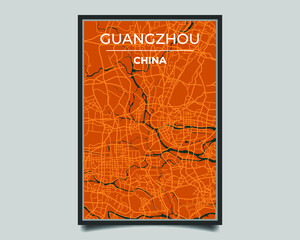 Guangzhou city. Map of largest city in the world vector for wall decoration, banner, background, texture. Modern deep blue and orange color. Vector graphic eps 10
