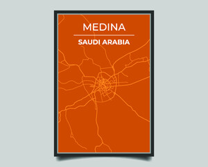 Medina city. Map of largest city in the world vector for wall decoration, banner, background, texture. Modern deep blue and orange color. Vector graphic eps 10