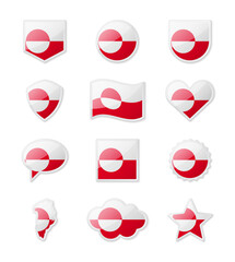 Greenland - set of country flags in the form of stickers of various shapes.