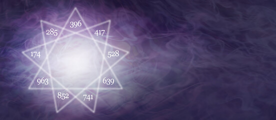 Solfeggio nine pointed star message banner - ethereal flowing purple energy background with a 9...