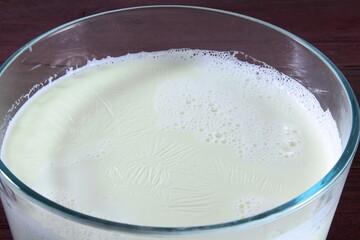 milk in glass bowl with bubble and cream top view