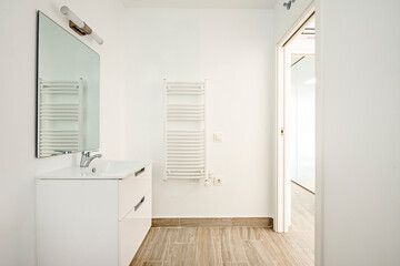 White toilet with wood-look tile floors, wall-mounted radiator and mirror