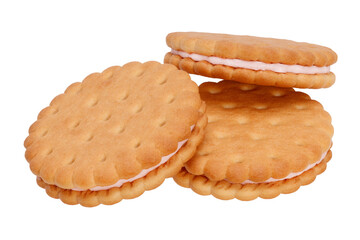 pile of crispy cookies with pink filling in the middle isolated on white background