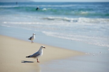 A pair of seagulls standing on the beach watching the water