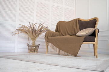 Fototapeta na wymiar Lounge room interior in boho chic style with couch, pillows and plaid. Dried grass in a wicker basket near sofa