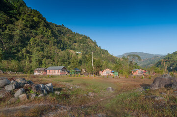 Reshikhola village, Himalayan mountain range in the background . Reshikhola is a remote village with breathtaking scenic natural vista of world famous Himalayas in background, in Sikkim, India.