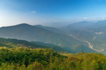 Ramitey view point of Himalayan mountains - Sikkim, India. From this view point, twists and turns of river Tista or Teesta can be seen below, River Tista flows through sikkim state.