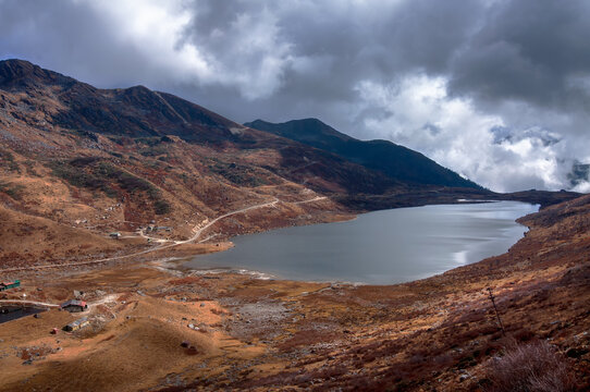 Beautiful Elephant Lake, named due to it's shape as a lying elephant, remote high altitude lake at kupup Valley, Sikkim. Himalayan mountain range, Sikkim, India