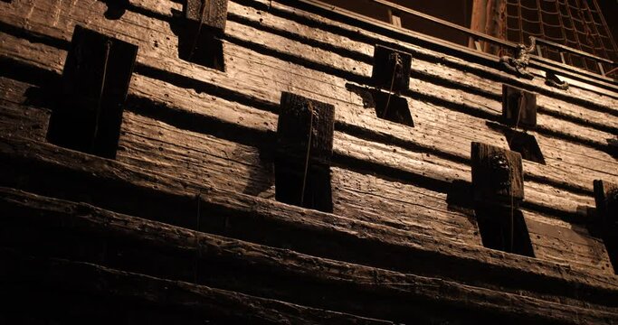 Deck And Holes For Cannons Of The Preserved Vasa Ship In Maritime Museum In Stockholm, Sweden. Low Angle