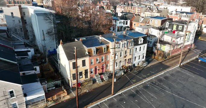 Urban city in USA. Residential apartment building homes, rowhouse and rowhome. Aerial view. United States of America