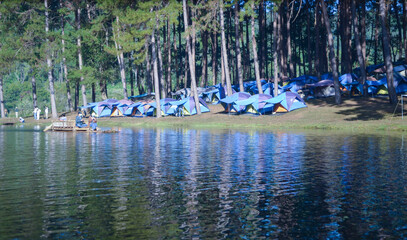 Camp near lake.Blue tents in forest.Camp at Pang ung in Thailand