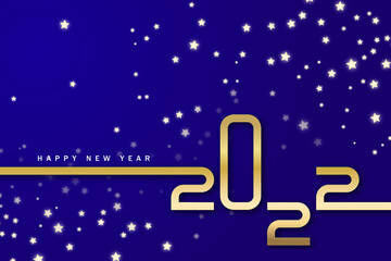 Happy new year 2022. Golden numbers with Christmas decoration and confetti on blue background. Holiday greeting card design.