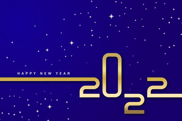 Happy new year 2022. Golden numbers with Christmas decoration and confetti on blue background. Holiday greeting card design.