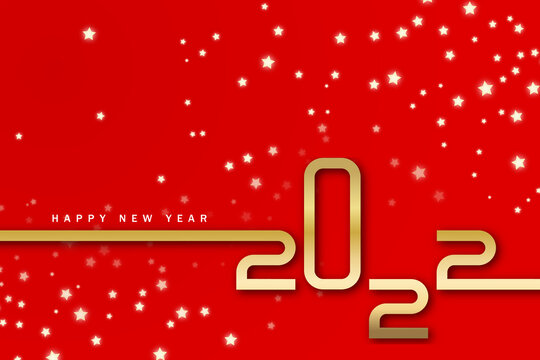 Happy new year 2022. Golden numbers with Christmas decoration and confetti on red background. Holiday greeting card design.