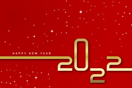 Happy new year 2022. Golden numbers with Christmas decoration and confetti on red background. Holiday greeting card design.