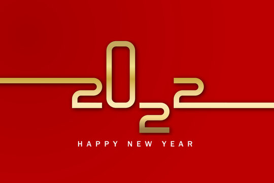 Happy new year 2022. Golden numbers with Christmas decoration and confetti on red background. Holiday greeting card design.