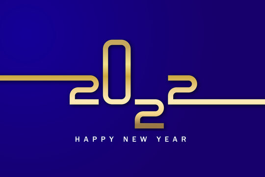 Happy new year 2022. Golden numbers with Christmas decoration and confetti on blue background. Holiday greeting card design.