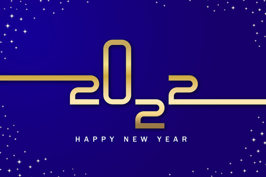 Happy new year 2022. Golden numbers with Christmas decoration and confetti on blue background. Holiday greeting card design.