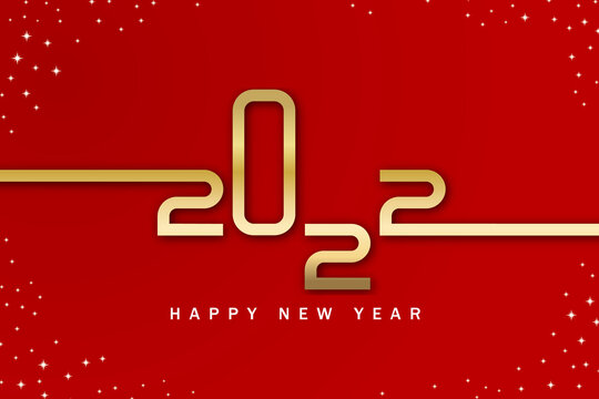 Happy new year 2022. Golden numbers with Christmas decoration and confetti on red background. Holiday greeting card design.