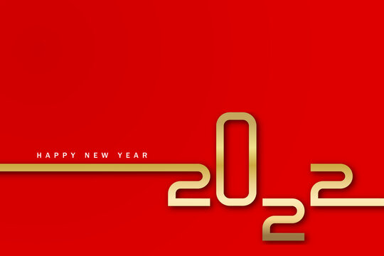 Happy new year 2022. Golden numbers with Christmas decoration and confetti on red background. Holiday greeting card design.