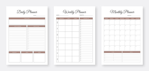 Daily, Weekly, Monthly Planner Template Set. Minimalist planner pages templates.  Daily, Weekly, Monthly Planner Bundle Set. Modern planner template set. - obrazy, fototapety, plakaty