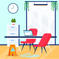 An overview of one of the ideal workspaces for work, meetings and other office activities. Vector colorful illustration.