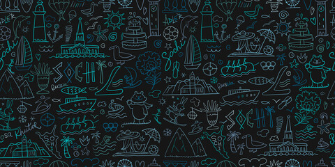 Travel to Sochi, Russian City on Black Sea. Tourism Concept. Seamless Pattern Background for your design