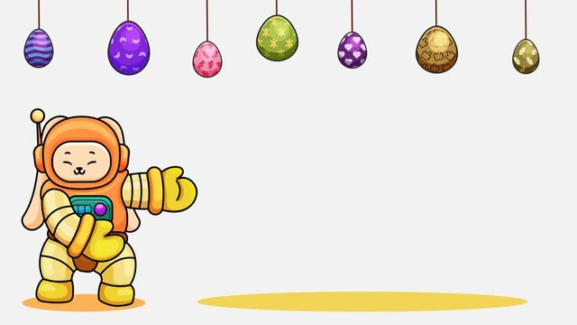 animated video of astronauts easter bunny and eggs on a white background, with empty copy space. suitable for easter invitation, and for advertisement, presentation. cartoon animation.